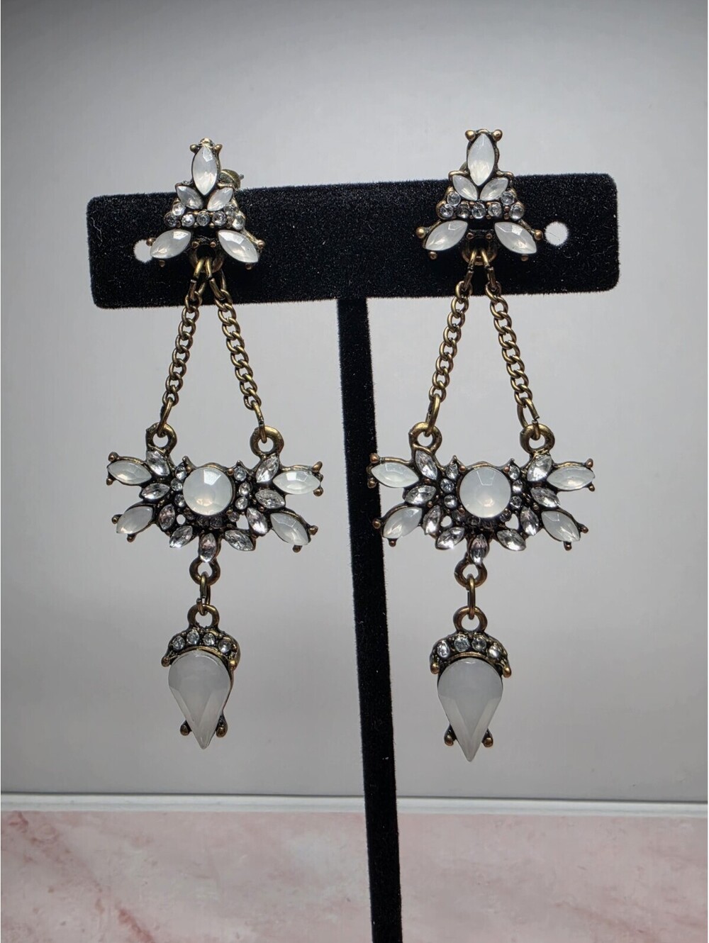 Large White Opal Faux Crystal Dangle Statement Chandelier Earrings
